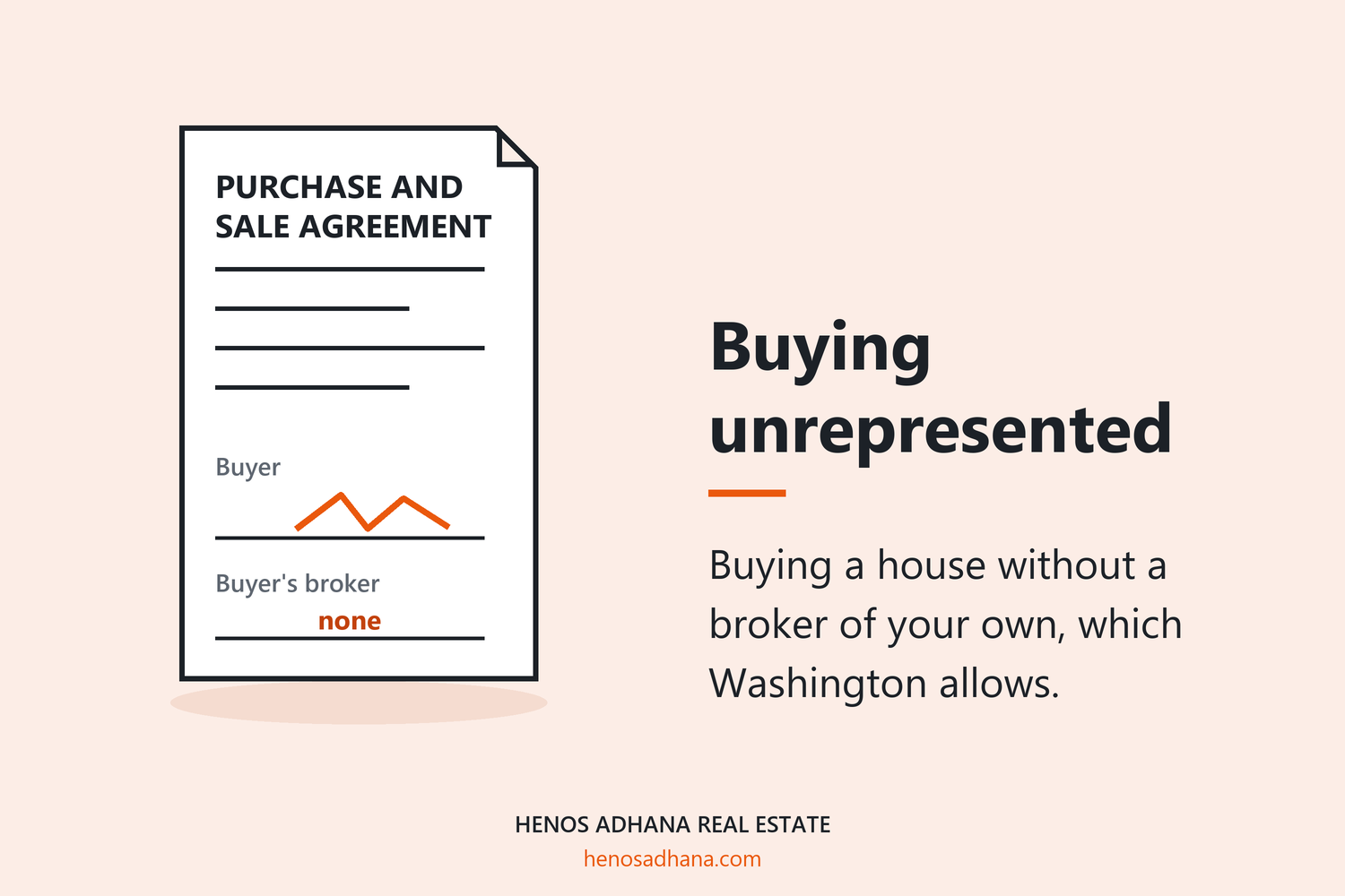 Buying unrepresented: Buying a house without a broker of your own, which Washington allows. A drawing of a purchase and sale agreement signed by the buyer, with the buyer's broker line marked none.