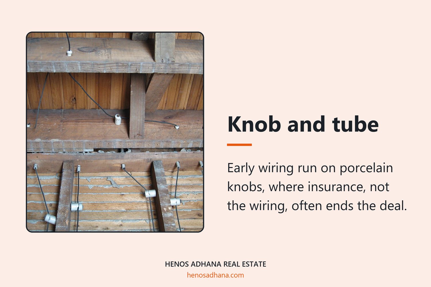 Knob and tube: Early wiring run on porcelain knobs, where insurance, not the wiring, often ends the deal. A photograph of knob and tube wiring: single wires strung on white porcelain knobs across the floor joists of a 1930 house.